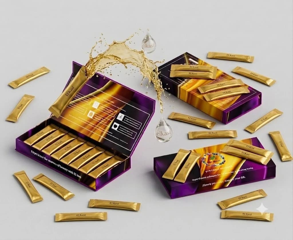 El Kasi Synergic Essence boxes with sachets and a splash of the drink